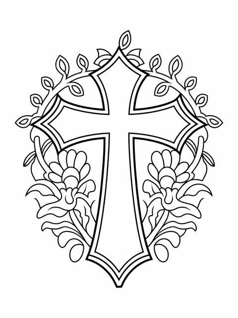 Christian cross with decorative floral and leaf elements, perfect for coloring
