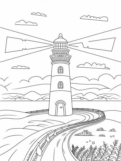 Line drawing of a lighthouse, symbolizing guidance, with a winding road