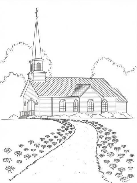 Line drawing of a peaceful christian church with a steeple and a path