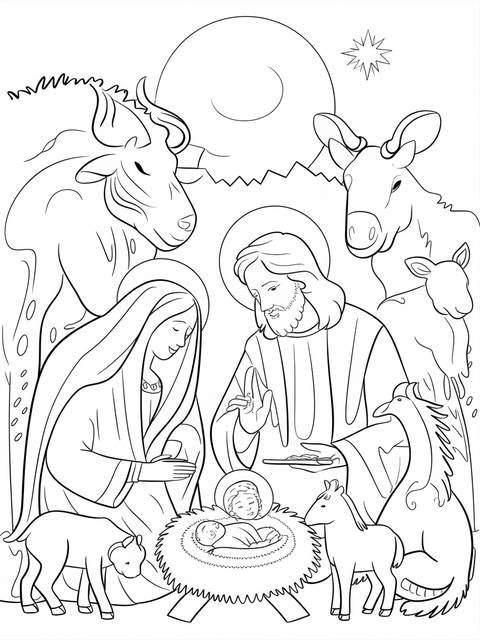 A serene nativity scene featuring mary, joseph, and baby jesus in a manger