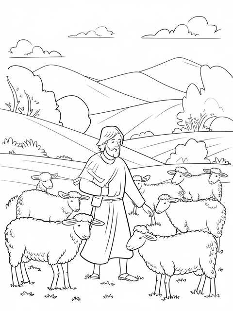 Christian shepherd with his flock of sheep in a pastoral landscape, coloring page