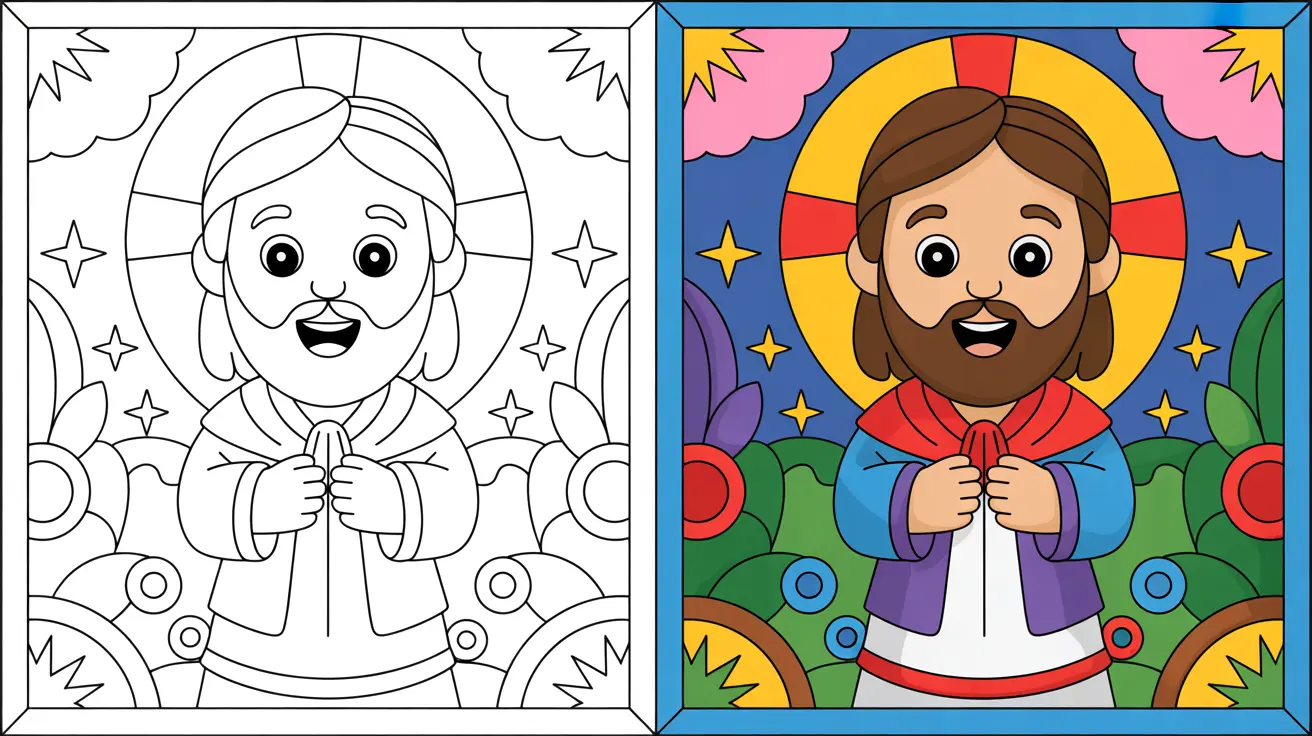 Christian coloring page: two panels, one colored, one outline of a religious figure