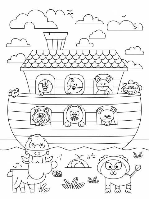 Black and white coloring page of noah's ark with various cartoon animals