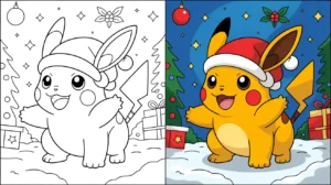 Christmas pokemon coloring page featuring pikachu wearing a santa hat, surrounded by gifts