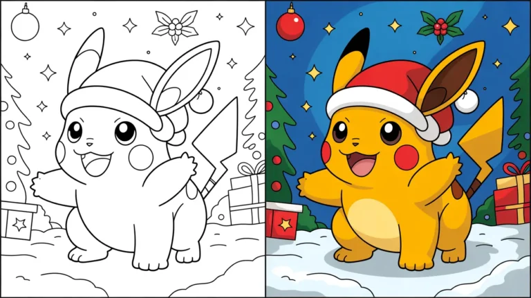Christmas pokemon coloring page featuring pikachu wearing a santa hat, surrounded by gifts