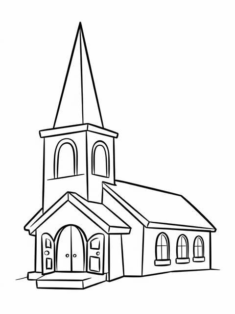 Cheerful cartoon-style church with steeple and arched windows; outline for coloring