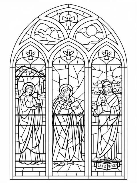 Church stained glass window design featuring three figures in religious attire