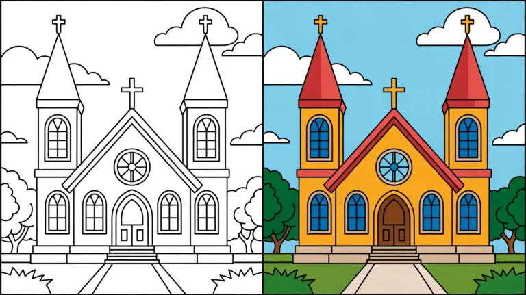 Church coloring page: a two-panel image of a church, one colored, one outlined