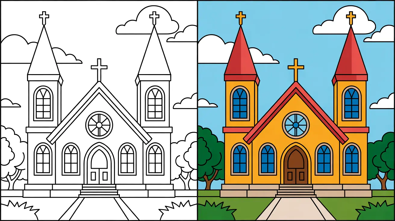 Church coloring page: a two-panel image of a church, one colored, one outlined