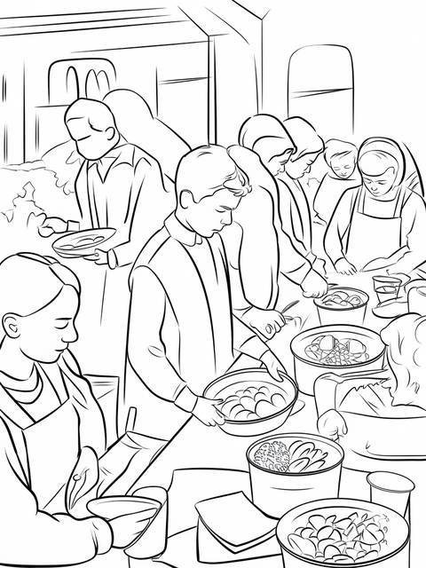 Church people engaging in acts of kindness, preparing and serving food to others