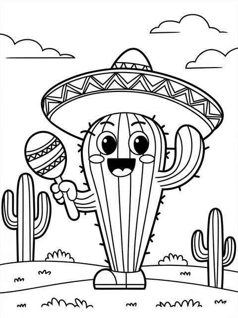 Cinco de mayo coloring page: cheerful cactus wearing sombrero and holding maraca