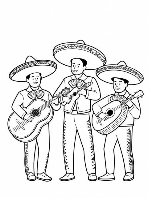 Cinco de mayo coloring page: mariachi band playing guitars and a small instrument