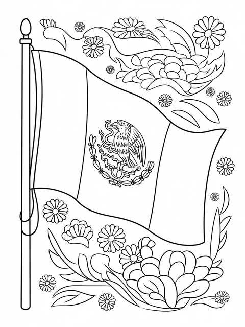 Cinco de mayo coloring page: a mexican flag waving with floral decorations