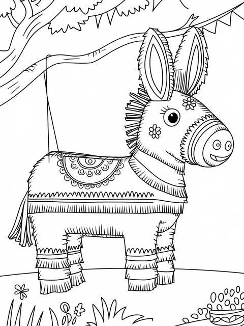 Cinco de mayo coloring page: a donkey piñata hanging from a tree branch