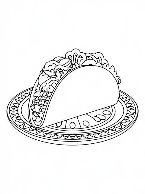 Cinco de mayo coloring page: a detailed taco on a decorative plate