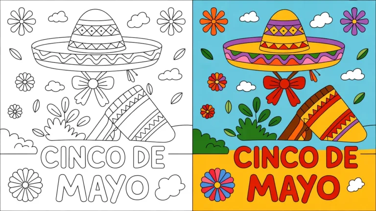 Cinco de mayo coloring page with sombrero and festive decorations, two panels