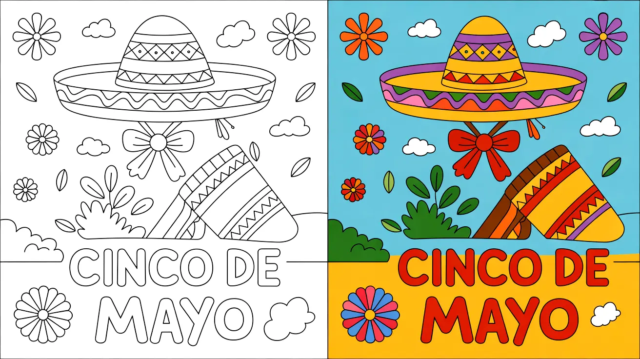 Cinco de mayo coloring page with sombrero and festive decorations, two panels
