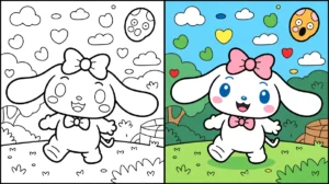 Cinnamoroll coloring page, featuring the character in a cheerful outdoor scene