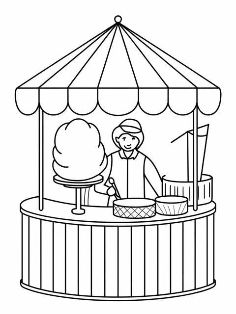 Line drawing of a circus cotton candy stand with attendant and treats