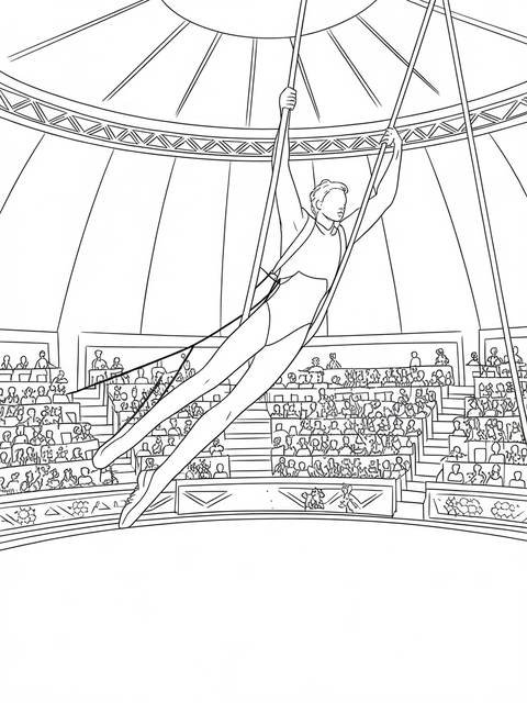 A daring trapeze artist soars in a circus, performing for a seated audience