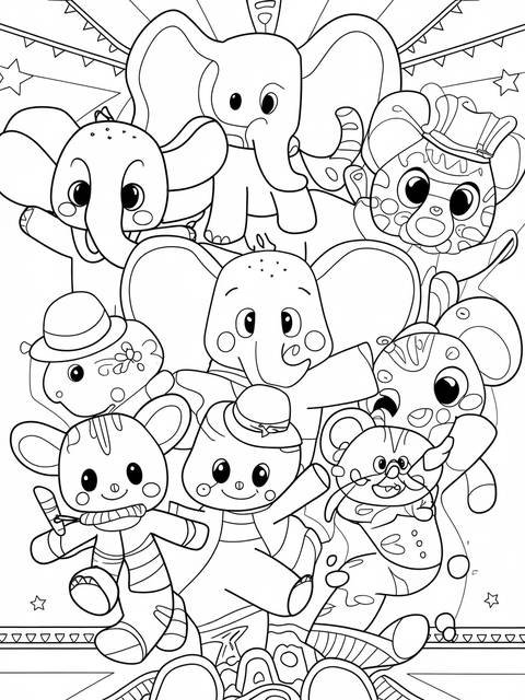 Line art of a joyful circus group, including elephants and other animals