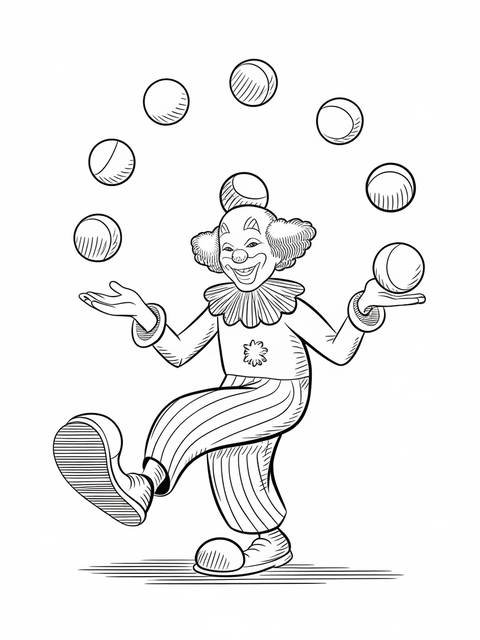 A playful clown from the circus juggling multiple balls in a black and white image