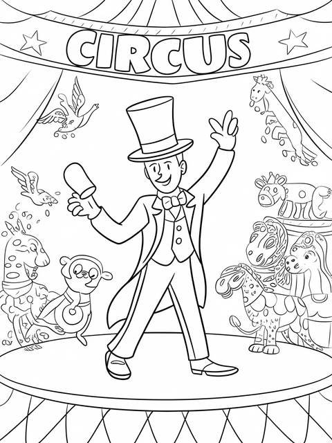 A circus ringmaster gestures grandly on a stage surrounded by various circus animals
