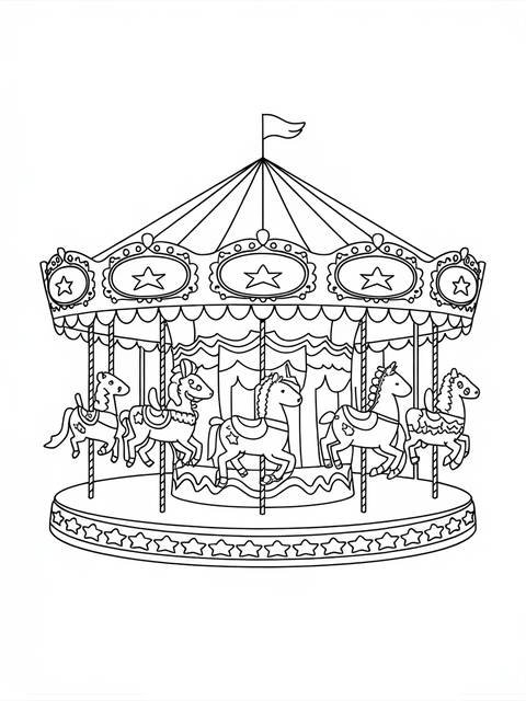 Line drawing of a whimsical circus carousel with various horses, ready for coloring