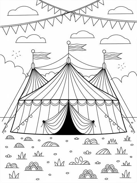 Black and white line drawing of a whimsical circus tent, ready for coloring