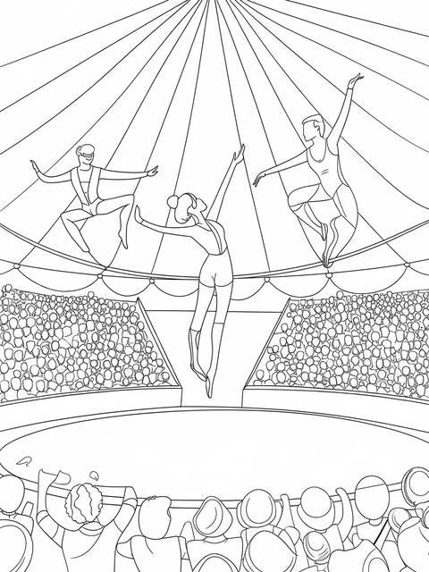 Circus acrobats performing on a high wire, entertaining a crowd in a big top