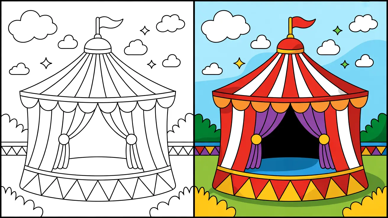 Two-panel circus coloring page: one outlined, the other colored, featuring a circus tent