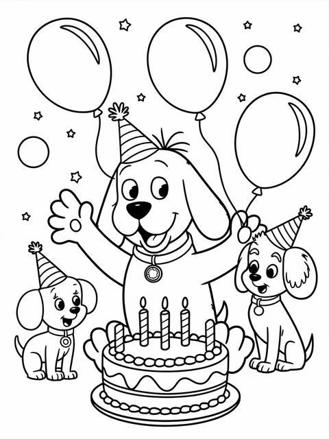 Clifford the dog celebrates his birthday with balloons, cake, and party hats