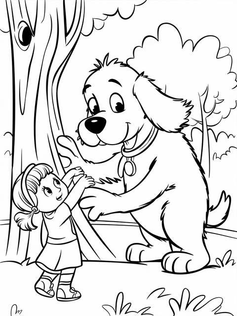 Clifford the big red dog helping a little girl in a coloring page