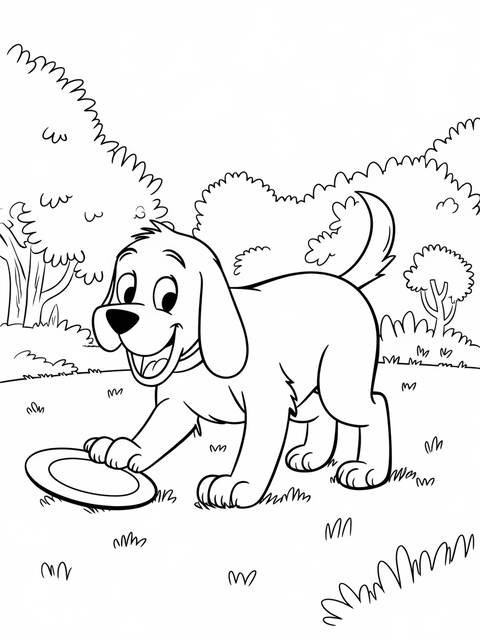 Clifford the big red dog playing fetch with a frisbee in a grassy area