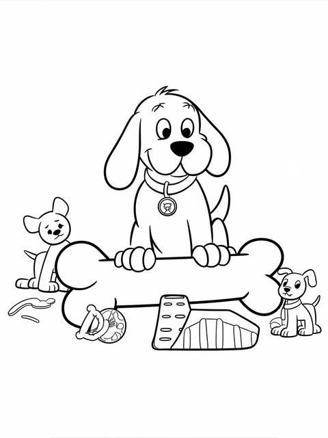Clifford the dog sitting next to a giant bone, with other dogs