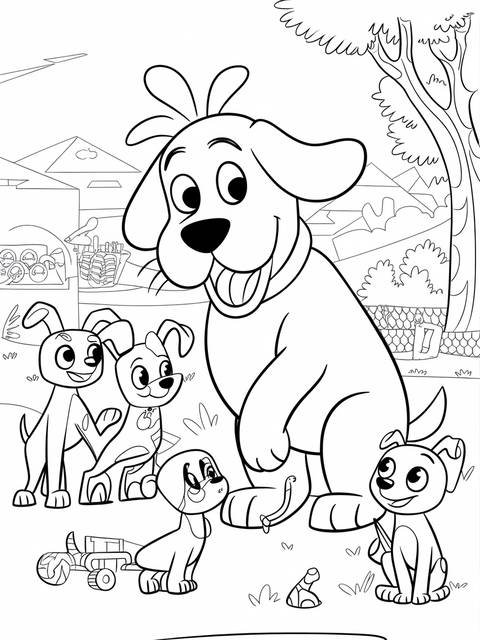 Clifford the big red dog playing with smaller dogs in a coloring page