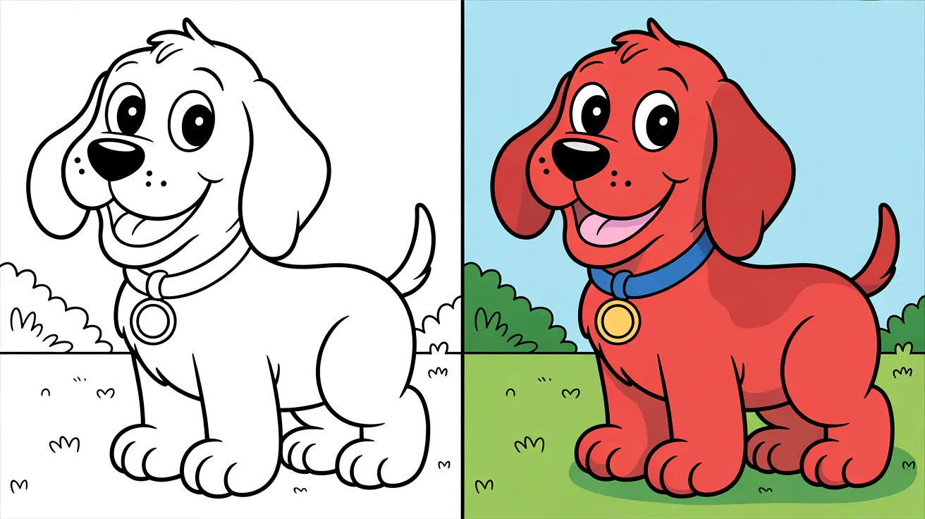 Clifford the big red dog coloring page, featuring a two-panel image