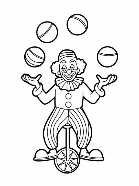 A cheerful clown juggling balls while riding a unicycle; a coloring page