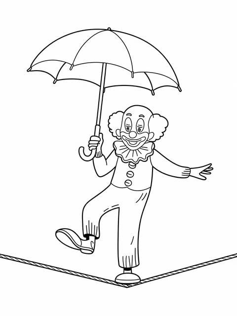 A clown balancing on a tightrope, holding an umbrella for stability