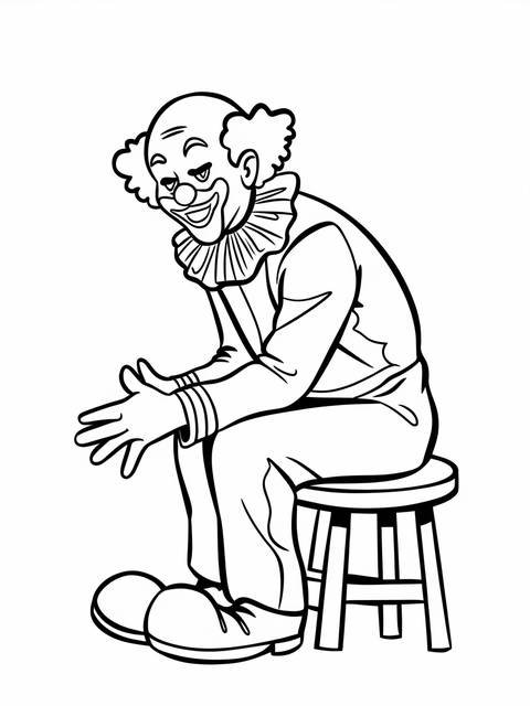 A clown sitting on a stool, featuring the clown's face and oversized shoes