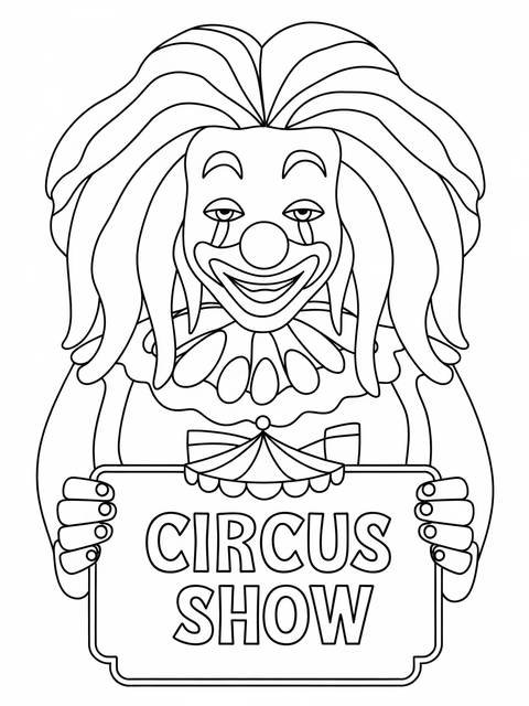 Line art of a clown with rainbow hair holding a 'circus show' sign