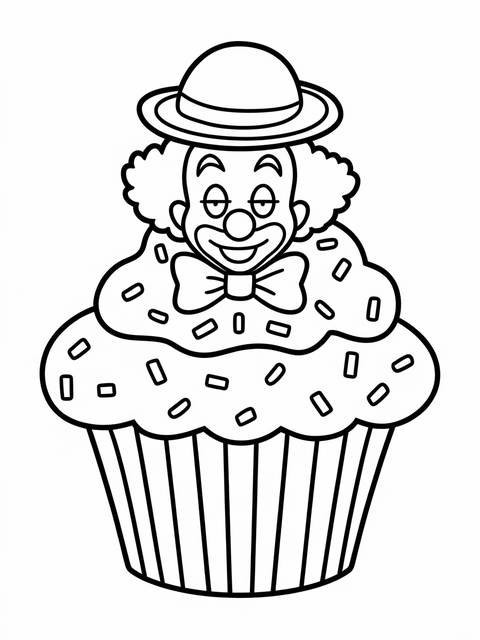A funny clown's face with a bow tie, atop a cupcake with sprinkles