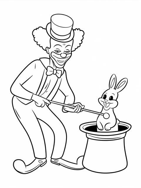 A goofy clown with a magic wand and a rabbit emerging from a hat