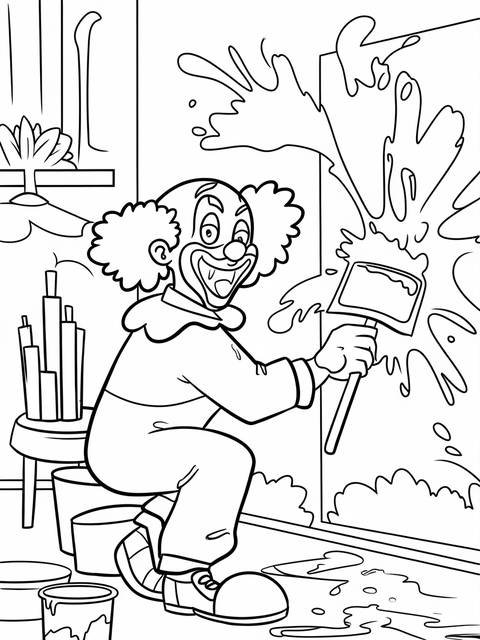 Mischievous clown painting a mural, splashing paint with a brush in a playful scene