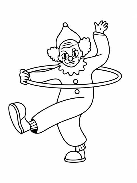 A playful clown twirling a hula hoop, captured in a black and white illustration