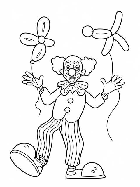 A silly clown with oversized shoes holding balloon shapes, a coloring page