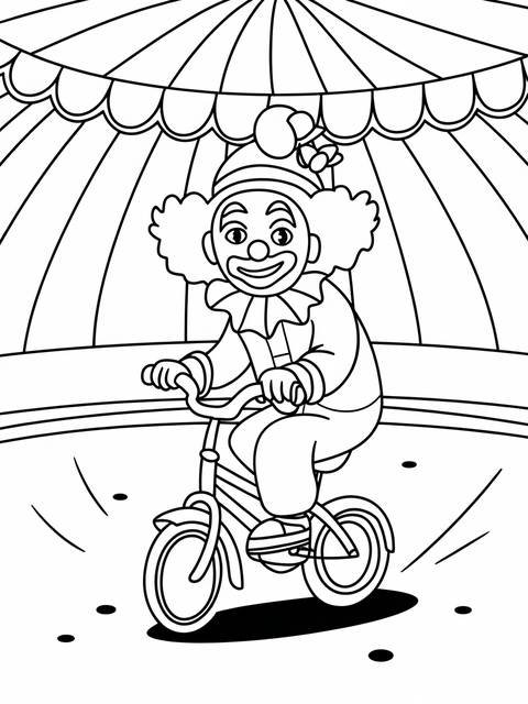 A whimsical clown on a bicycle, part of a coloring page, under a circus tent