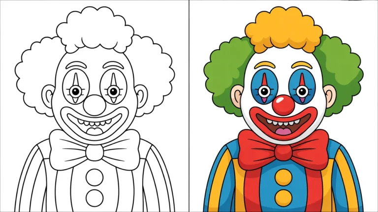 Clown coloring page: a two-panel image, colored and uncolored clown faces