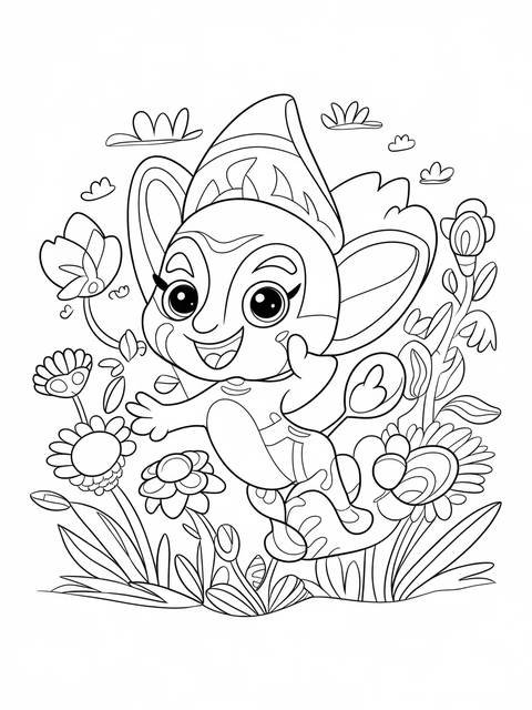 Coco, a cute and mischievous spirit animal, in a garden coloring page