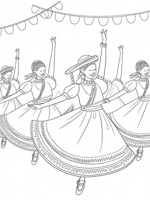 Coco-themed joyful celebration: dancers in traditional attire with raised arms